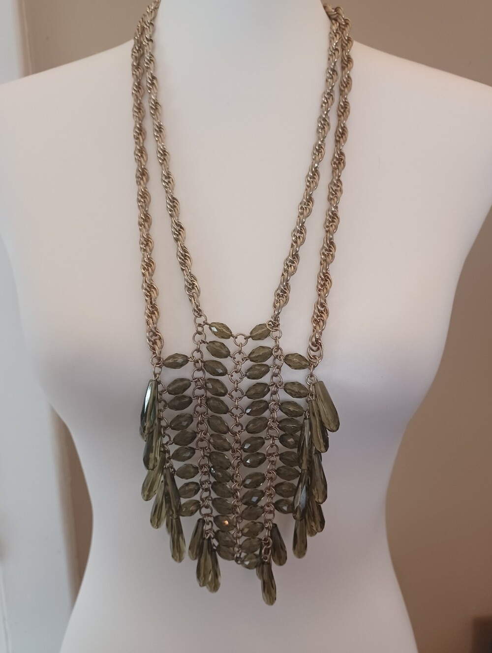 Vtg Talbots Olive Green Glass Crystal Adjustable Statement Necklace Chest Plate